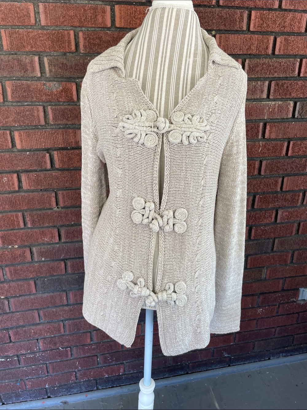 Coldwater Creek Beige Knit Mandarin Collar Sweater with Decorative Frog Closures